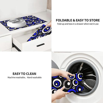 Blue Black White Geometric Circle Dish Drying Mat for Kitchen Counter, 18" x 24" Absorbent Microfiber Drying Pad for Dishes, Modern Decor Kitchen Mat, Foldable, for Sink Dining Area Small Appliances
