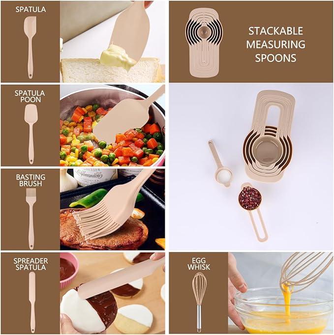 Leidawn Mixing Bowls with Lids set - 25 PCS Stainless Steel Nesting Khaki Mixing Bowls Set for Baking,Mixing,Serving & Prepping,Size 5, 3.7, 2.8, 2.3, 1.7, 1.1, 0.7QT, 11 Cooking Utensils - Image 5