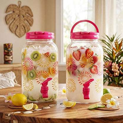 Havawish 2 Pcs 1 Gallon Plastic Beverage Dispenser with Spigot Clear Summer Kitchen Fridge Drink Dispenser for Parties Lemonade Juice Tea Beer Cold Water (Hot Pink,Sun)