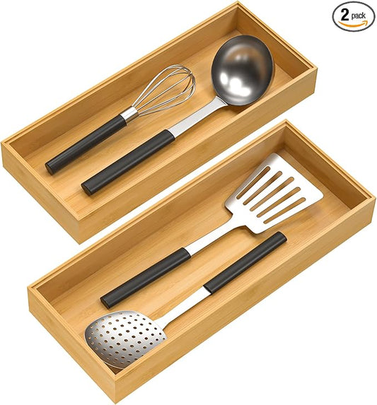VeyFey Bamboo Drawer Organizer, Stackable Utensil Organizer for Kitchen, Bamboo Storage Box Wood Silverware Tray for Drawer 15" x 6" x 2" Set of 2 by VeyFey