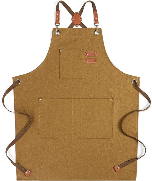 Chef Aprons for Men Women with Large Pockets, Cotton Canvas Water Repellent Kitchen Apron for Cooking
