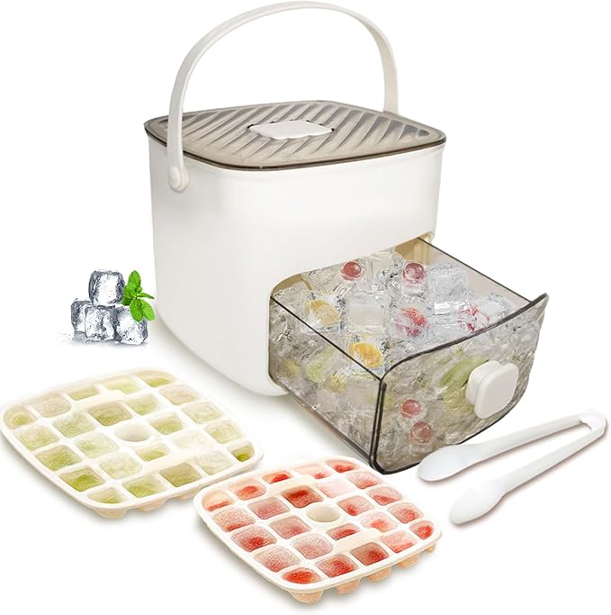 Ice Cube Tray for freezer with 2 Trays and Ice Storage Bin Tweezers, 48 Grid Ice Making Mold Ice Maker with Easy to Press Lid, for Whiskey Cocktails Beer Coffee (White)