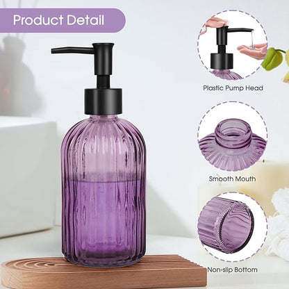 Topsky Stripe Glass Soap Dispenser with Black Plastic Pump, 400ml Liquid Hand Soap Dispenser, Rustproof Pump for Kitchen & Bathroom, Great for Lotions, Essential Oil, Liquid Soaps-Purple - Image 3