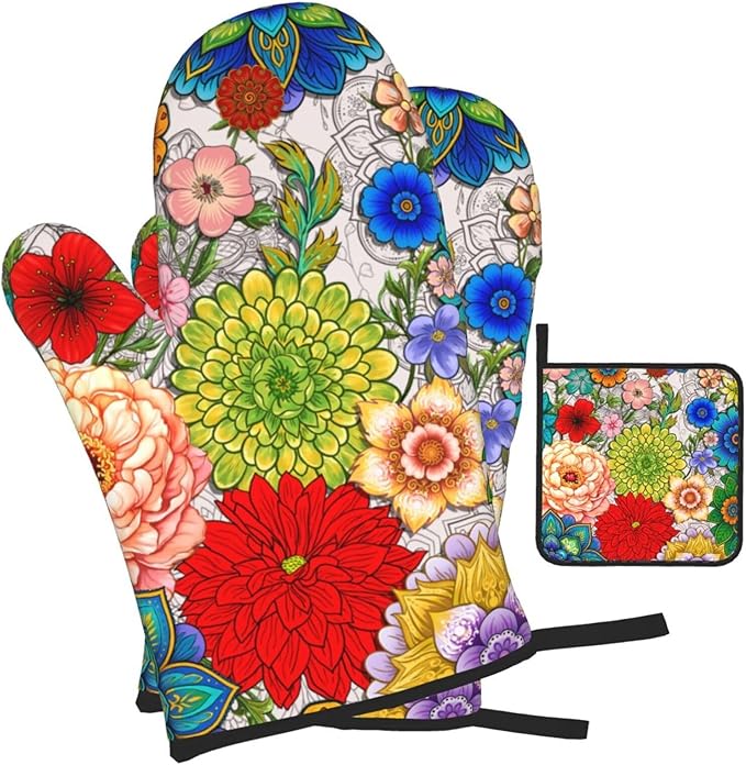 Boho Floral Oven Mitts and Pot Holders Set of 3,Cute Colorful Flowers Heat Resistant Non Slip Kitchen Oven Mitts and Hot Pads for Cooking, Kitchen Gifts for Baking Lovers, Housewarming Gifts for Women