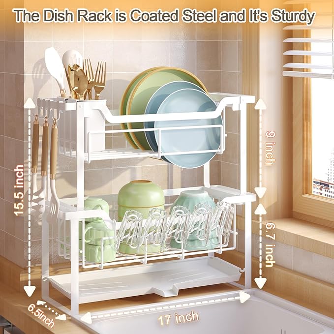 Dish Rack with Drainboard, Organizes Dishes and Bathroom Items for Narrow Spaces, Two-Story Drying Rack Fits 12 Plates 12 Bows 5 Glasses 4 Hooks and Some Cutlery, White - Image 4