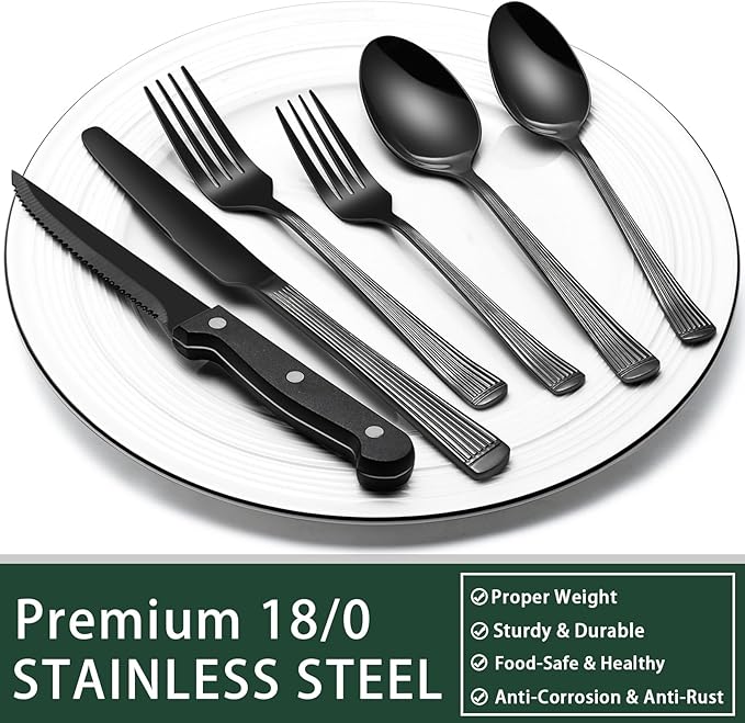 EWFEN 24-Piece Black Silverware Set with Steak Knives, Black Flatware Set for 4, Food-Grade Stainless Steel Tableware Cutlery Set, Mirror Finished Utensil Sets for Home Restaurant, Roman Column - Image 5