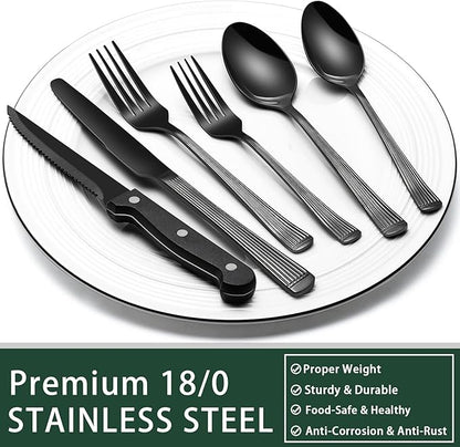EWFEN 24-Piece Black Silverware Set with Steak Knives, Black Flatware Set for 4, Food-Grade Stainless Steel Tableware Cutlery Set, Mirror Finished Utensil Sets for Home Restaurant, Roman Column - Image 5