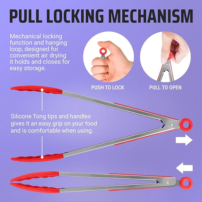 Kaluns Kitchen Tongs for Cooking Grilling Set of 4, BBQ Grill Tongs With Silicone Tip Stainless Steel Heat Resistant, Non-stick Pull Lock, Incl 7, 9, 12 Inch Tong Plus a Silicone Spatula - Image 5