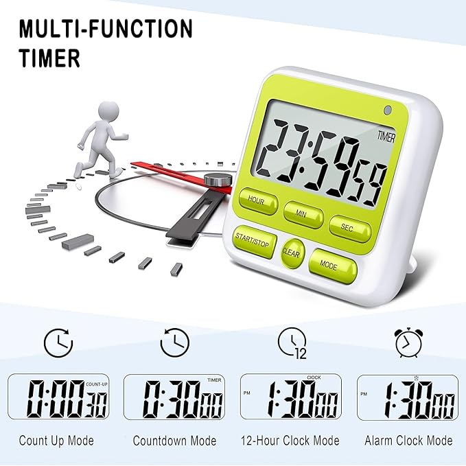 KTKUDY Digital Kitchen Timer with Mute/Loud Alarm Switch ON/Off Switch, 12 Hour Clock & Alarm, Memory Function Count Up & Count Down for Kids Teachers Cooking, Large LCD Display, Strong Magnet (Green) - Image 4