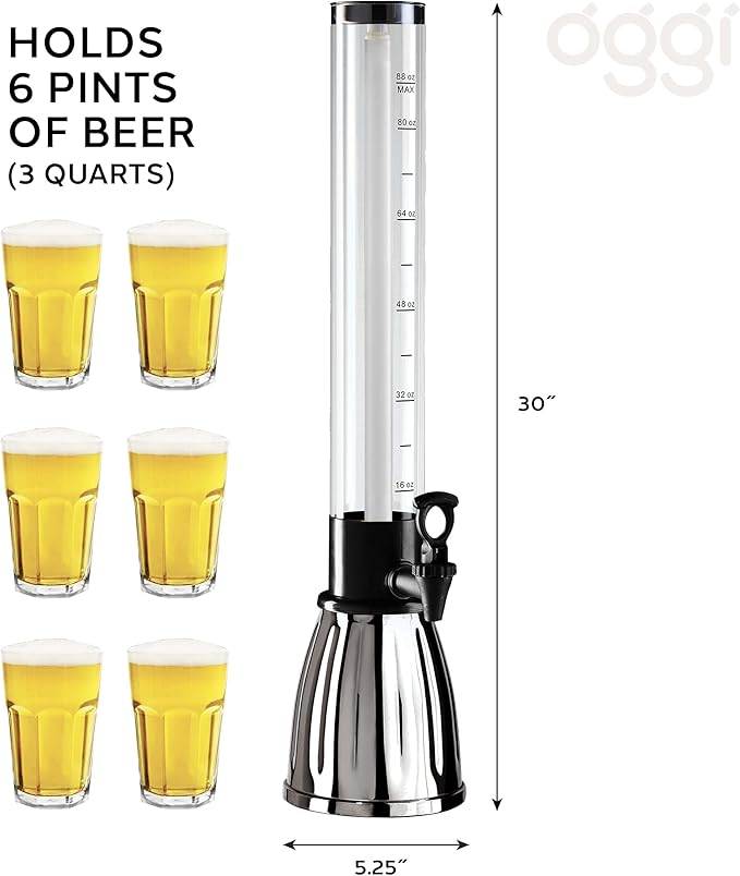 OGGI Beer Tower 88oz - Beverage Dispenser with Spigot & Ice Tube, Margarita Tower, Mimosa Tower, Perfect Drink Dispensers for Parties, Drink Tower, Holds 6 Pints of Beer – Stainless - Image 4