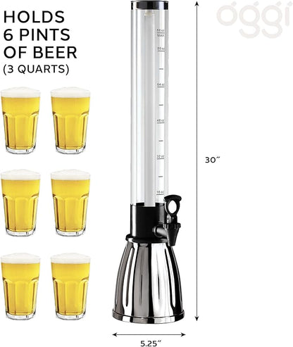 OGGI Beer Tower 88oz - Beverage Dispenser with Spigot & Ice Tube, Margarita Tower, Mimosa Tower, Perfect Drink Dispensers for Parties, Drink Tower, Holds 6 Pints of Beer – Stainless - Image 4