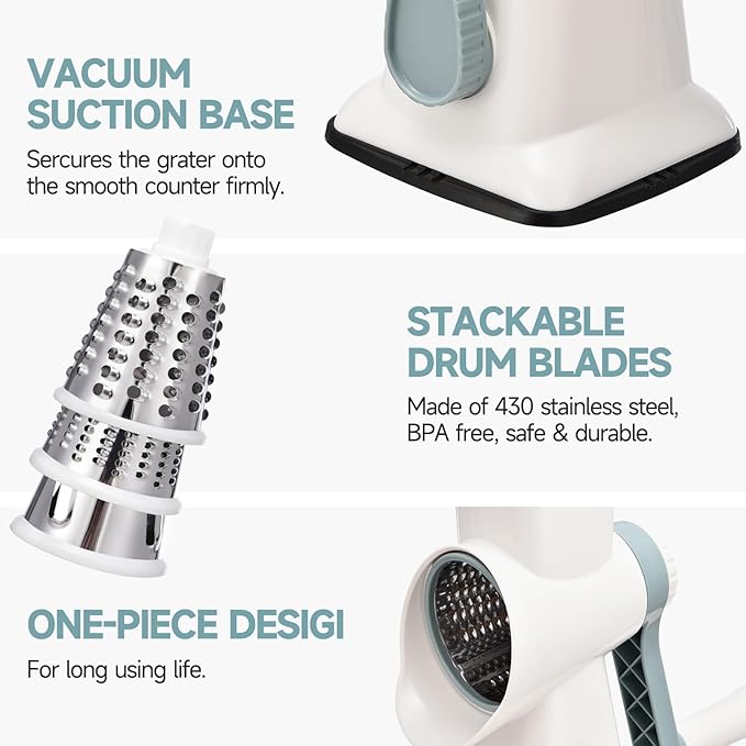 Rotary Cheese Grater with Handle Kitchen Shredder Slicer Grater Slicer Ice Shaver Cheese Vegetable Nuts Potato Zucchini Chocolate 3 Interchangeable Blades (WhiteBlue) - Image 6
