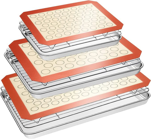 Baking Sheet Tray Cooling Rack with Silicone Baking Mat Set, Stainless Steel Cookie Pan For Oven, Set of 9 (3 Sheets + 3 Racks + 3 Mats), Warp Resistant & Heavy Duty & Easy Clean, Red by EWFEN