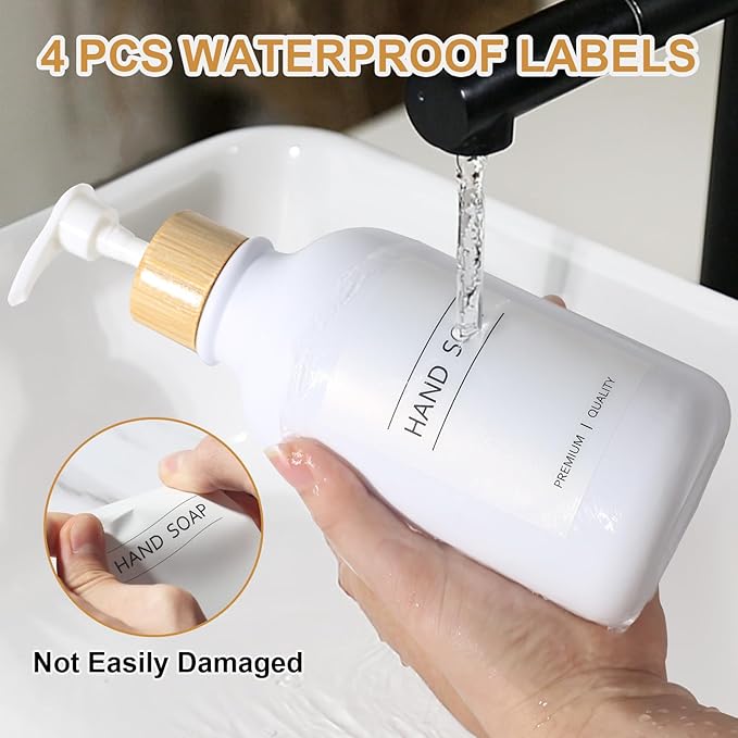 KASUNTING White Soap Dispenser, 2 Pack Plastic Bathroom Hand Soap and Lotion Dispenser Set with Bamboo Pump, 17 Fl Oz Hand and Dish Soap Dispensers Set for Kitchen, Refillable Liquid Soap Bottles - Image 4