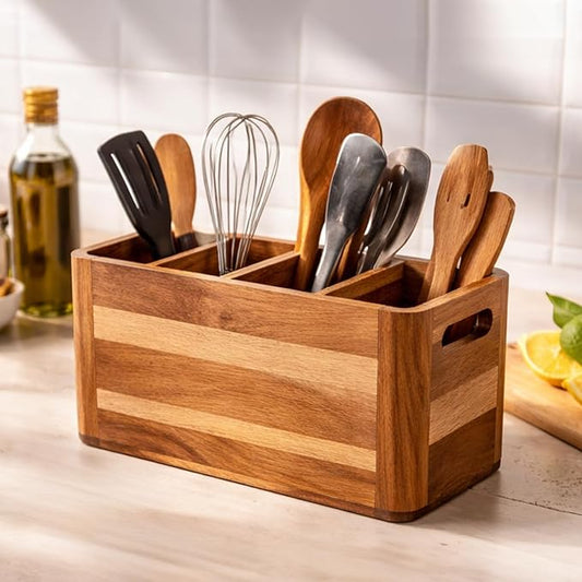 Wooden Caddy Utensil Holder - Premium Acacia Wood Utensil Caddy with Sturdy Design for Easy Organization - Perfect Kitchen Utensil Organizer for Counters, Dining Tables, and Everyday Use