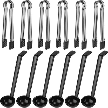 12 Pieces Plastic Serving Utensils Set Including 6 Pcs 1 oz Small Ladle and 6 Pcs Tong Acrylic Long Handle Ladle for Serving Sauce, Soup, Dressing, Punch Bowl, Gravy for Party Banquet Catering(Black) by Domensi
