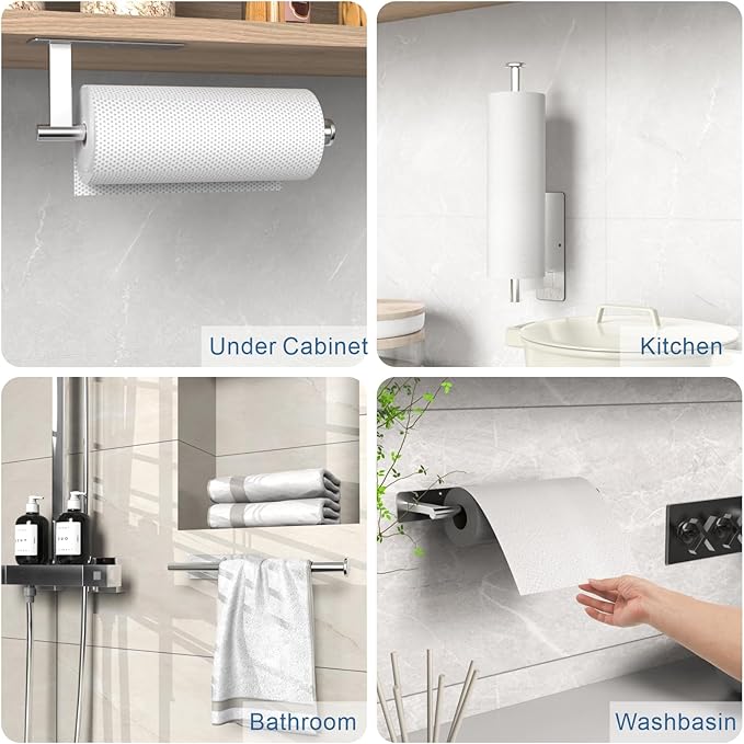CUXIXA Paper Towel Holder Under Cabinet 2 Pack, Upgraded Adhesive Paper Towel Holder Wall Mount for Kitchen, Bathroom, RV, Bend-Resistant, Self-Adhesive or Drill mounting, Stainless Steel, Silver - Image 2