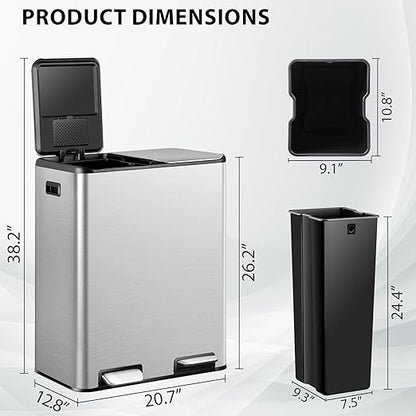SUPER DEAL Kitchen Trash Can 16 Gallon 60L Dual Stainless Steel Garbage and Recycling Can with Foot Pedal for Kitchen, Living Room, Office, Removable Inner Buckets Soft Close Lid Odor Proof, Silver
