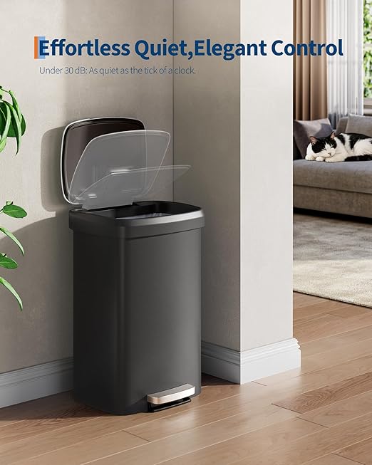 Garvee 13 Gal / 50L Large Plastic Trash Can for Kitchen, Step-On with Soft Close Lid, Liner Rim, Rustproof Garbage Bin, Rear Handle, Matte Black - Image 4