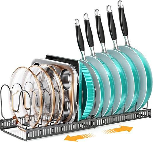MUDEELA Expandable Pots and Pans Organizer Rack under Cabinet, Pots Lid Organizer Rack for Kitchen Cabinet Organizers and Storage with 12 Adjustable Dividers Cutting Board Holder & Anti-Scratch Strips by MUDEELA