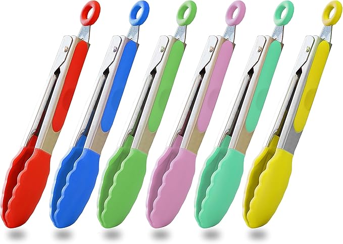 HINMAY Small Tongs Set 7-Inch Mini Tongs with Silicone Tips, Set of 6 (Red Blue Green Pink Mint Yellow) by HINMAY