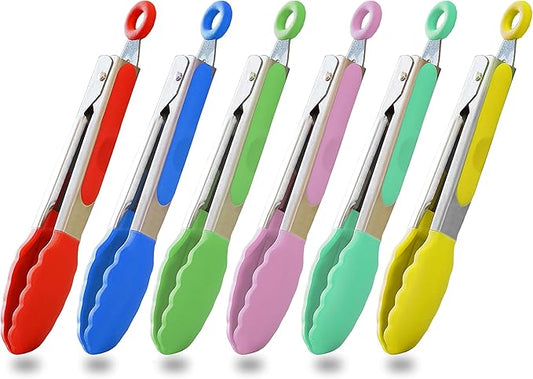 HINMAY Small Tongs Set 7-Inch Mini Tongs with Silicone Tips, Set of 6 (Red Blue Green Pink Mint Yellow) by HINMAY