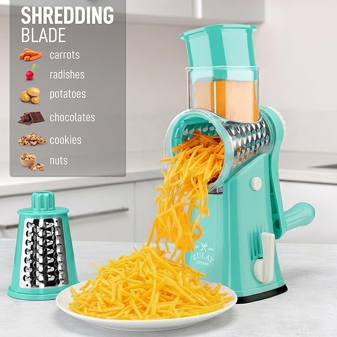Zulay Kitchen Rotary Cheese Grater 5 Blade Cheese Shredder - Manual Hand Crank Cheese Grater With Reinforced Suction & 5 Interchangeable Drums - Easy to Use, Vegetable Chopper Round Mandoline Slicer - Image 3