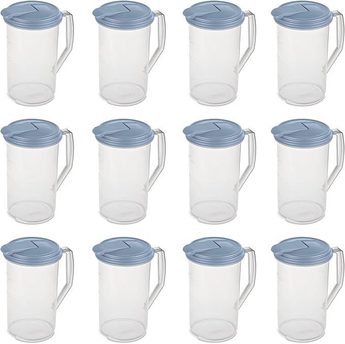 Sterilite 2 Quart Clear Round Plastic Pitcher, Dishwasher Proof with Blue Lid, Spout, and Handle for Easy Pouring, Washed Blue, 12-Pack by Sterilite