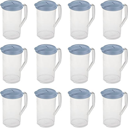 Sterilite 2 Quart Clear Round Plastic Pitcher, Dishwasher Proof with Blue Lid, Spout, and Handle for Easy Pouring, Washed Blue, 12-Pack by Sterilite