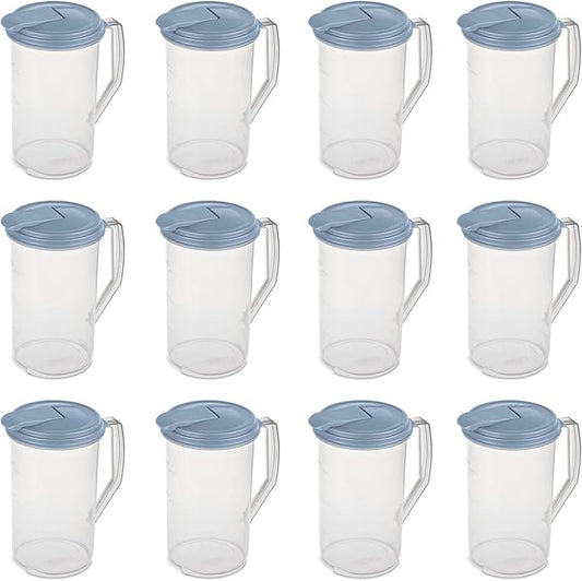 Sterilite 2 Quart Clear Round Plastic Pitcher, Dishwasher Proof with Blue Lid, Spout, and Handle for Easy Pouring, Washed Blue, 12-Pack by Sterilite
