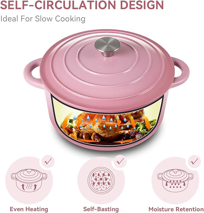 Miereirl 6 Quart Enameled Dutch Oven Pot with Lid, Cast Iron Dutch Oven with Dual Handles for Bread Baking, Cooking, Non-stick Enamel Coated Cookware, Pink - Image 6