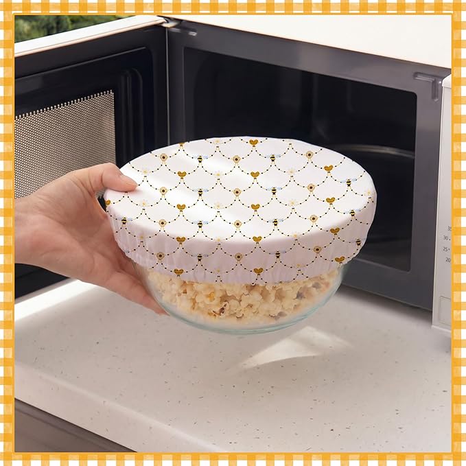 Patelai 10 Pcs Bowl Covers Reusable in 5 Size Stretch Cloth Fabric Elastic Food Storage Bowl Covers Bread Sourdough Lids for Proofing Food Fruits Leftover (Yellow, White,Bee Style) - Image 5