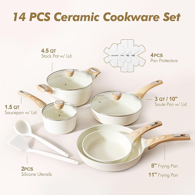 SENSARTE Ceramic Cookware Sets, Pots and Pans Set Non stick, Granite Induction Cookware, Non toxic Healthy Non Stick Kitchen Cooking Set, with Frying Pans Set, PFAS PTFE PFOA PFOS Free,14 Pcs - Image 3