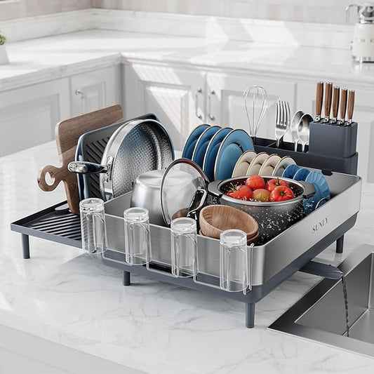 SUNLY Large Dish Drying Rack, Expandable Dish Racks for Kitchen Counter, Space Saving 304 Stainless Steel Drying Rack Kitchen, Extra Large Drainer with Multifunctional Flip Up Pegs, Gray by SUNLYHOME