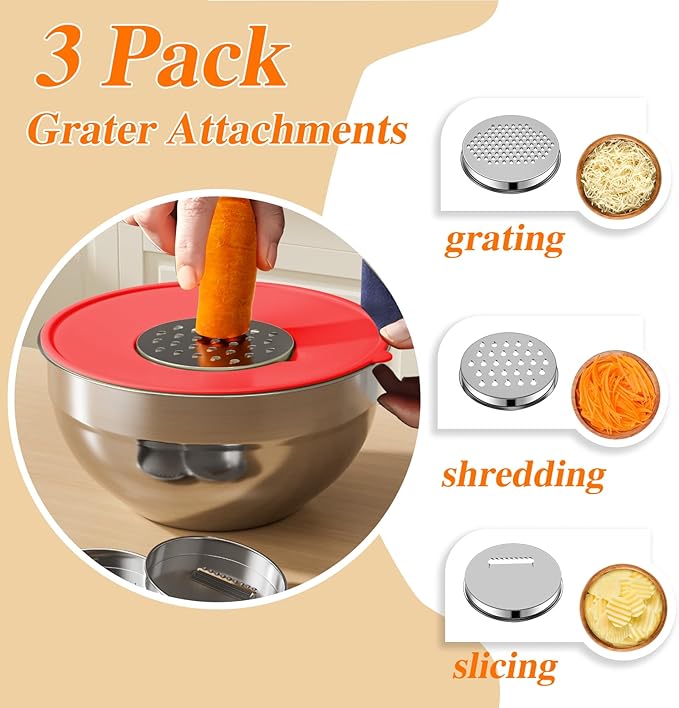 Mixing Bowls with Lids Set, 6 PCS Stainless Steel Mixing Bowls with 3 Grater Attachments, Kitchen Food Organizers Nesting Mixing Bowl, Large Size 4.5, 3.5, 2.1, 1.5, 1.1, 0.7QT-Colorful - Image 3