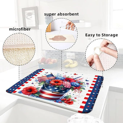 4th of July Large Dish Drying Mat for Kitchen Counter Independence Day 18''x24'' Microfiber Small Red Kitchen Draining Mat for Countertops Memorial Day Dish Drainer Drying Pad - Image 5