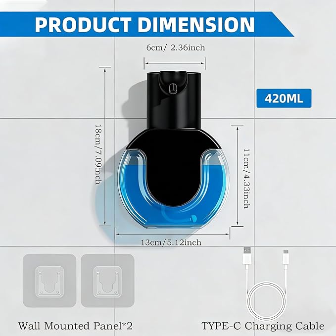 2Pack Automatic Soap Dispenser Touchless,Rechargeable Liquid Soap Dispenser,15oz/420ml Smart Hand Soap Dispensers,4-Level Adjustable, Wall Mount for Bathroom Kitchen Dish Soap,Hands-Free(Black) - Image 2