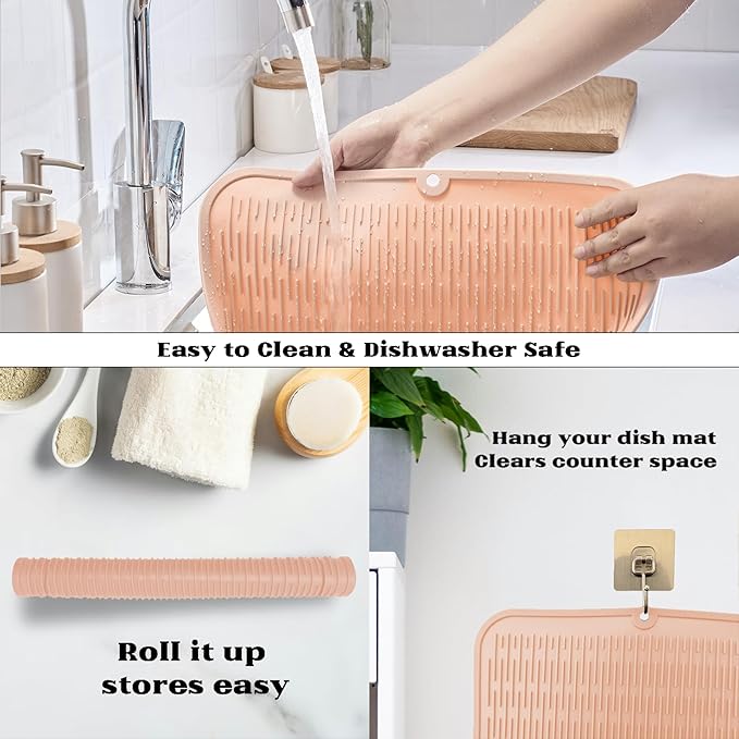 ZLR Large Silicone Dish Drying Mat (16" x 18") - XL Heavy Duty Drainboard Mat for Pots, Pans & Family Loads - Heat Resistant Trivet & Counter Protector, Easy Clean (Peach Pink) - Image 4
