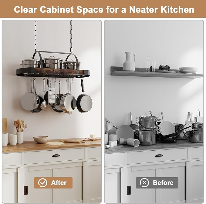 Hanging Pot Rack,32-Inch Ceiling Pot Rack for Kitchen,Space-Saving Pot Hanger with 16 Detachable S Hooks,Sturdy Metal Frame,Industrial Style,for Pot, Pan Storage,Space-Saving - Image 7