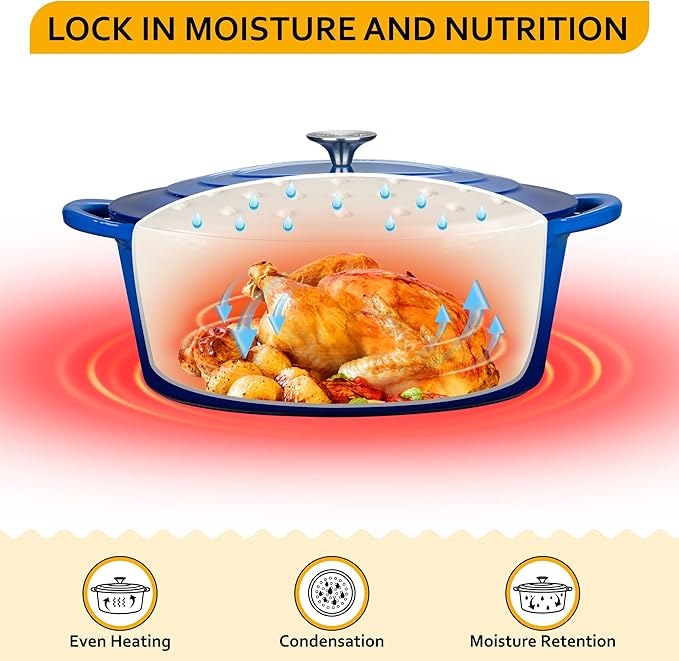 Velaze 7.5 QT Enameled Oval Dutch Oven Pot with Lid, Cast Iron Dutch Oven with Dual Handles for Bread Baking, Cooking, Frying, Non-stick Enamel Coated Cookware（Blue) - Image 3