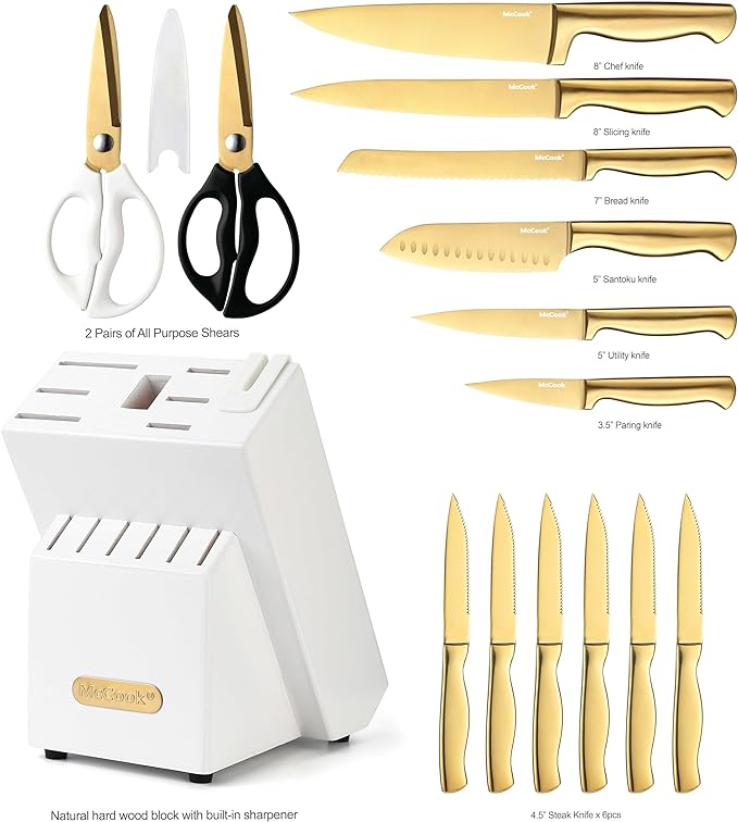 McCook® Knife Sets, Golden Titanium Stainless Steel Kitchen Knife Block Sets with Built-in Sharpener - Image 3