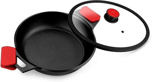 BRA COOKWARE Infinity Dual-Handled Sauté Pan w/Glass Lid | 11-Inch 2.95-Quart Shallow Stock Pot | Nonstick Cast Aluminum Everyday Chef Pan | PFAS Free Rondeau Pot | All Cooktops incl. Induction