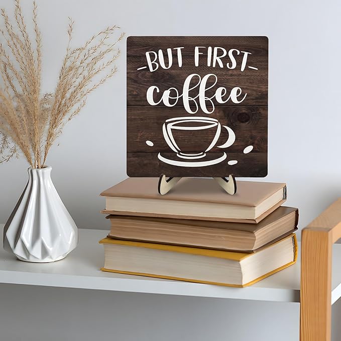 Vintage Coffee Bar Wooden Plaque Desk Sign, Farmhouse Wood Plaque Tabletop Decor for Cafe Bar Kitchen Office,Coffee Station Accessories 5.9x5.9Inch - Image 4