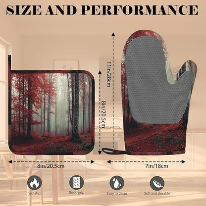 Forest Oven Mitts and Pot Holders Sets Red Trees Landscape Silicone Heat Resistant Kitchen Oven Gloves Pot Holder for Cooking Baking Grilling BBQ