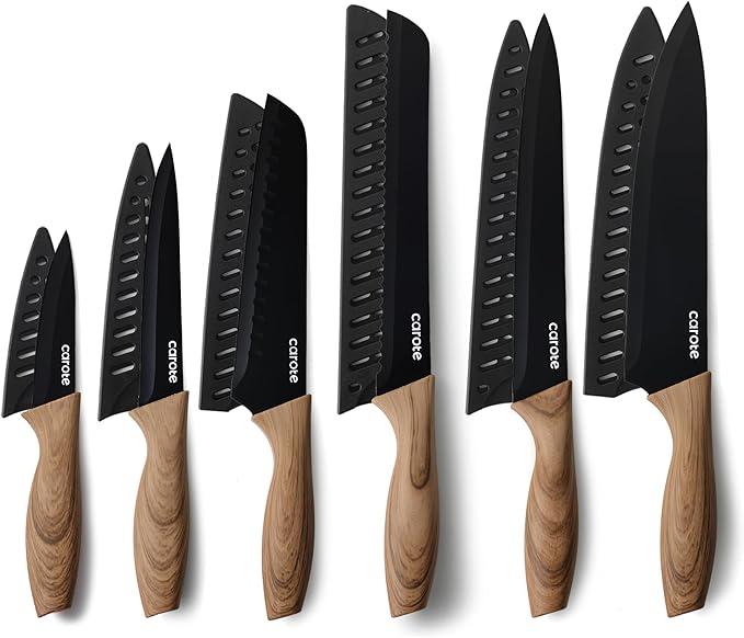 CAROTE 12PCS Knife Set, Stainless Steel Kitchen Knife Set with Nonstick Ceramic Coating, 6 Knives with Blade Guards, Rustproof, Easy-Clean, Black by CAROTE
