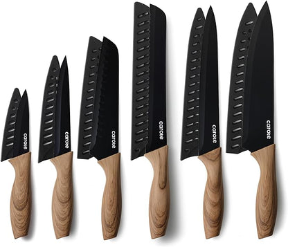 CAROTE 12PCS Knife Set, Stainless Steel Kitchen Knife Set with Nonstick Ceramic Coating, 6 Knives with Blade Guards, Rustproof, Easy-Clean, Black by CAROTE