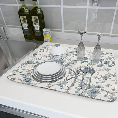 Chinoiserie Trees Dish Drying Mat for Kitchen Counter,Bule Bird Flowers Drying Mat 18 x 24 Inch with Absorbent Reversible Microfiber Drying Pad for Coffee Bar - Image 6