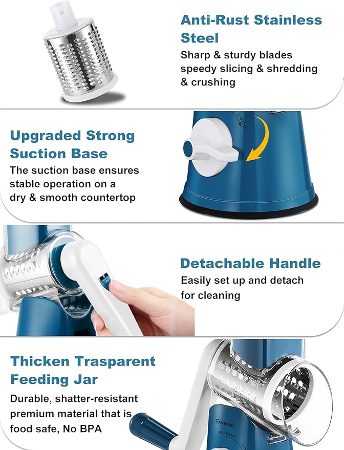 Geedel Rotary Cheese Grater Cheese Shredder - Upgraded 5-in-1 Cheese Grater with Handle and Strong Suction Base, Multi-purpose Vegetable Slicer Ice Shaver Nuts Grinder for Ice, Vegetables, Fruit, Nuts - Image 6