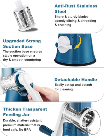 Geedel Rotary Cheese Grater Cheese Shredder - Upgraded 5-in-1 Cheese Grater with Handle and Strong Suction Base, Multi-purpose Vegetable Slicer Ice Shaver Nuts Grinder for Ice, Vegetables, Fruit, Nuts - Image 6