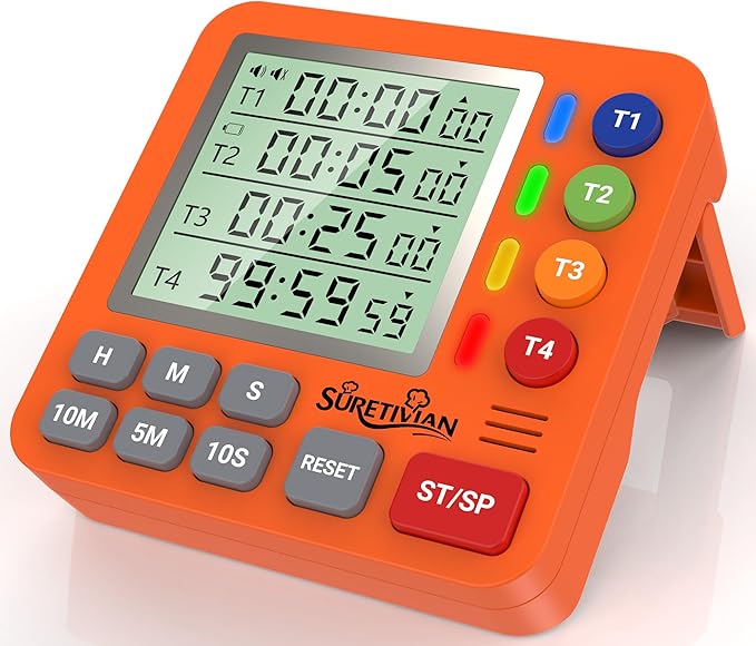 Digital Kitchen Timer for Cooking - 4 Channel Count Up Countdown Timer with Loud Alarm and Silent Mode, Large Display, Magnetic Back, Auto Memory for Classroom Study Gym, Battery Included (Orange) by SURETIVIAN